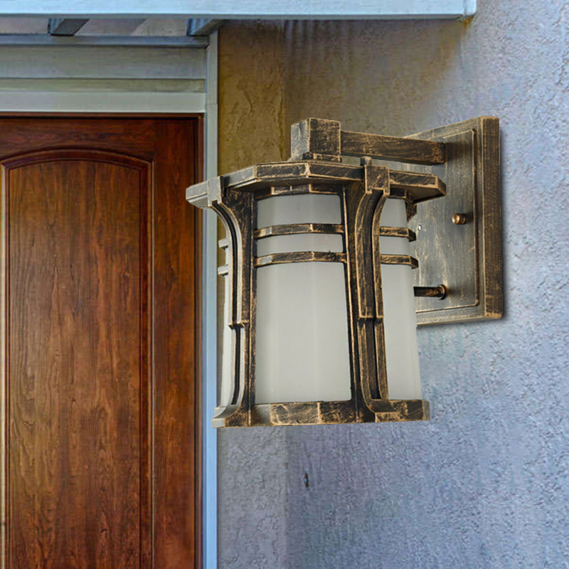 Rynx | Bronze/Black Lantern Wall Lamp Lodge Opal Frosted Glass Single Fixture Outdoor Wall Lighting