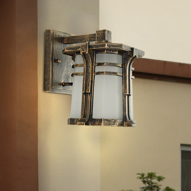 Rynx | Bronze/Black Lantern Wall Lamp Lodge Opal Frosted Glass Single Fixture Outdoor Wall Lighting
