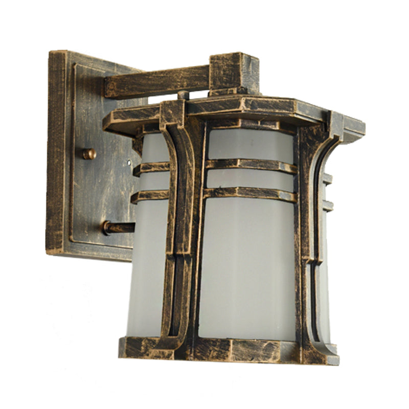 Rynx | Bronze/Black Lantern Wall Lamp Lodge Opal Frosted Glass Single Fixture Outdoor Wall Lighting