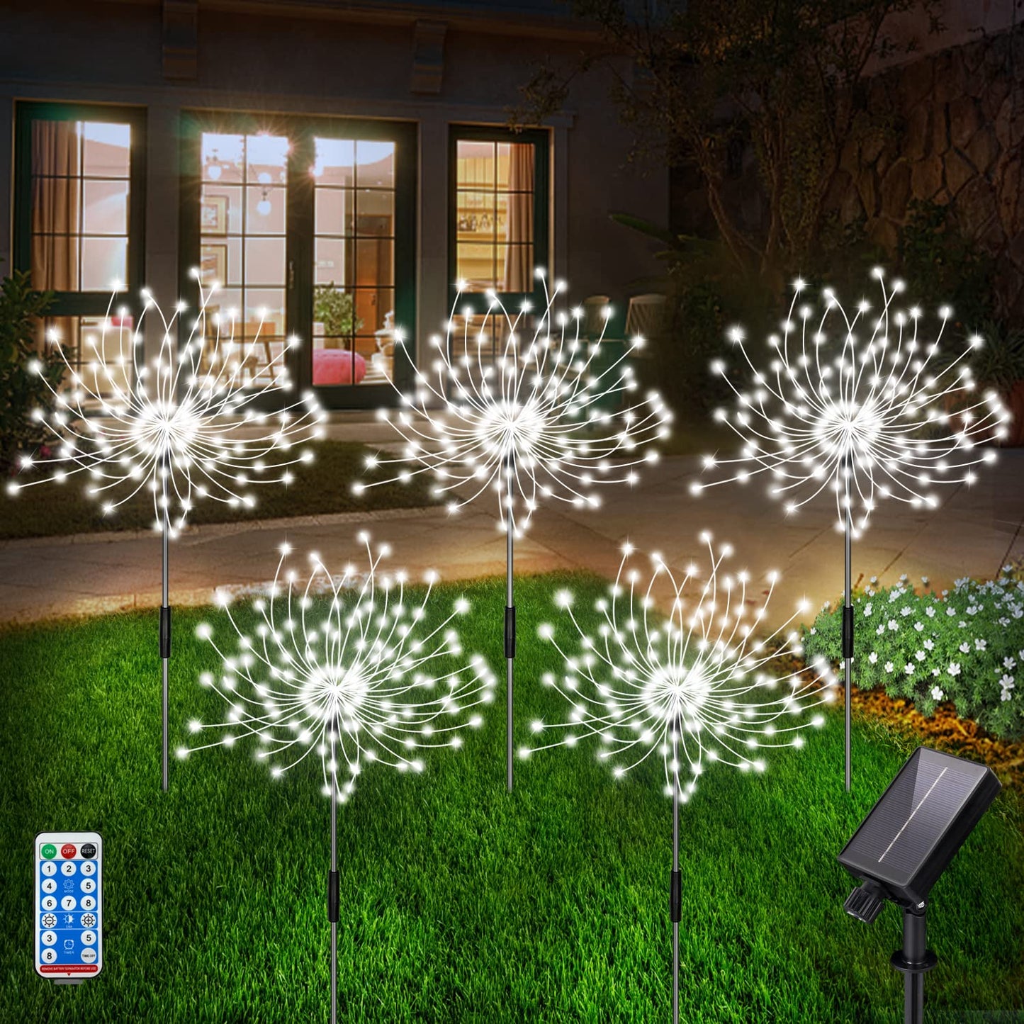 Rynx | Solar and garden lighting, Firework lights outdoor 5-pack 120 LED solar-powered waterproof decorative sparklers landscape lamp 18 hours working time, decoration for patio garden Christmas party (cold white)