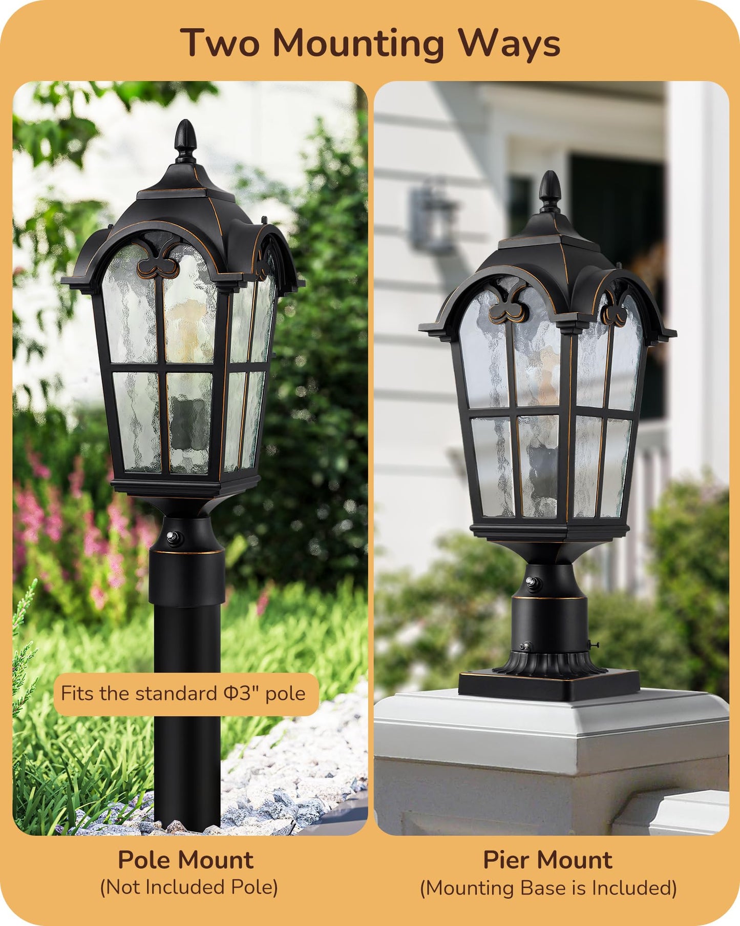 Rynx | Edishine Large Dusk To Dawn Outdoor Post Light, Waterproof Black Aluminium Lamp For Garden & Driveway
