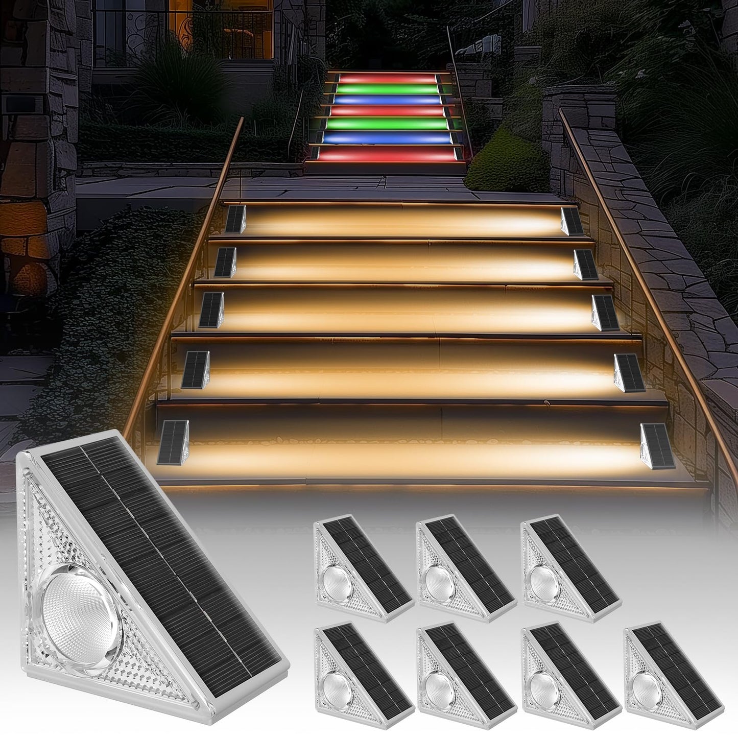 Rynx | Herzila 8 Pack Solar Step Lights, Outdoor Waterproof Ip65, Warm White 10 Rgb, Solar Step Lights for Stairs, Deck, Front Step, Fr