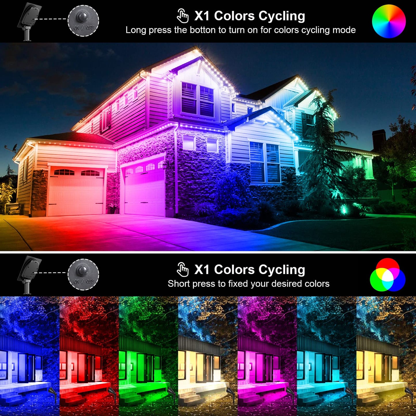 Rynx | T-Sunus Color Changing Solar Powered Landscape Spotlights 2 Pack - Waterproof Outdoor Garden Lights