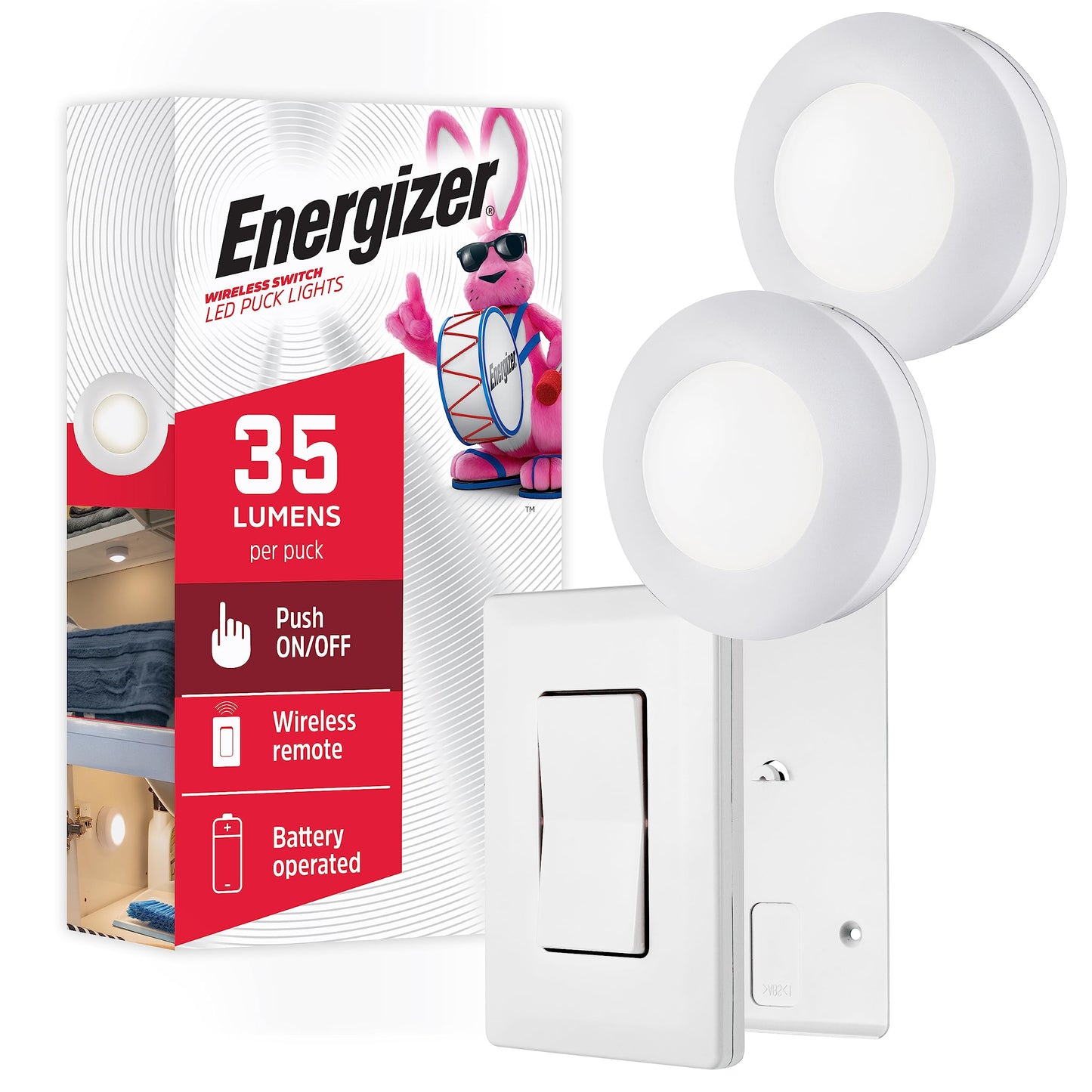 Rynx | Energizer Led Puck Light, Wall Switch Remote, 2 Pack, Battery Operated, Under Cabinet Lighting, Wireless Lights, 50 Ft Range, P