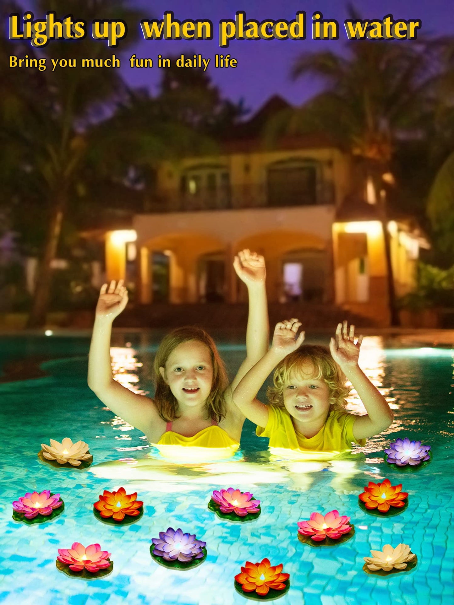 Rynx | Hortsun 12 Pcs Led Lotus Floating Pool Light - Multicolored Lily Pad Lanterns, 5.91 Inches