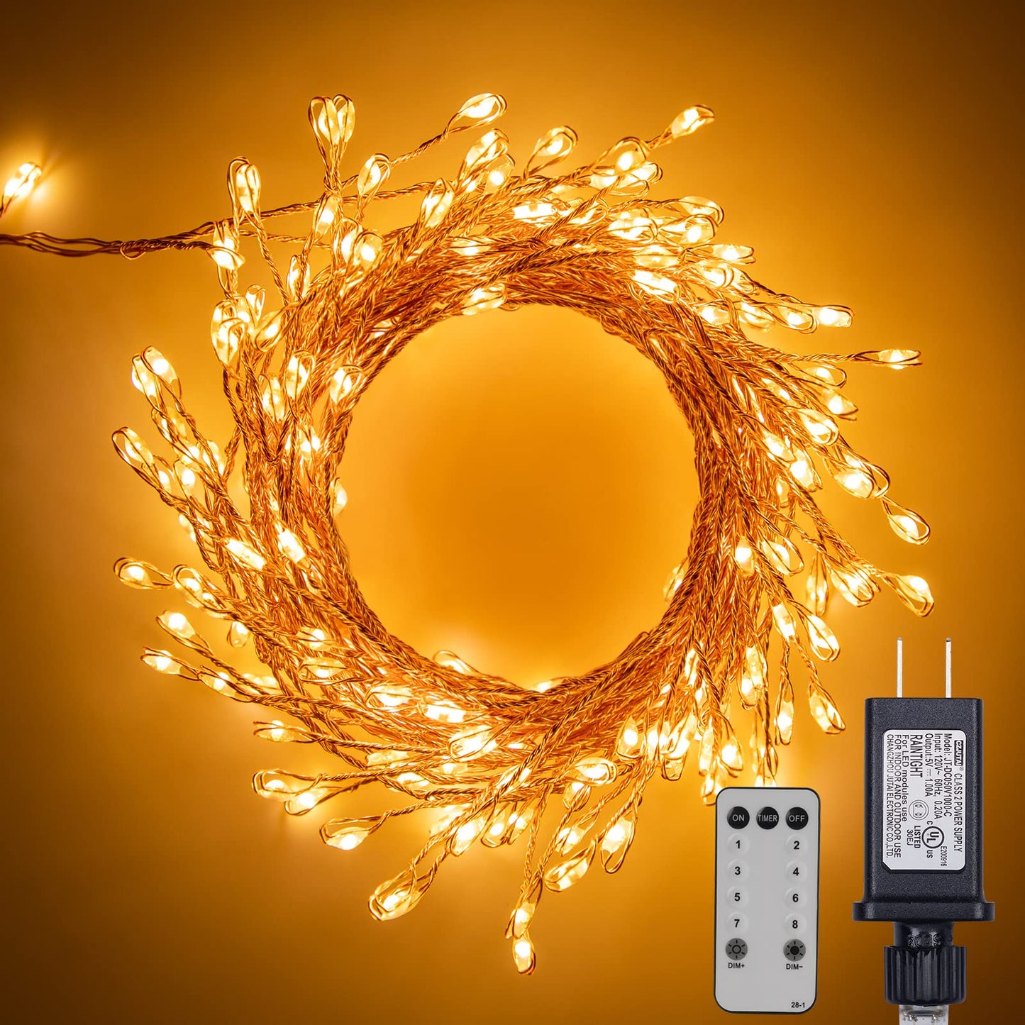 Rynx | Bangers Light With Remote Control, 3 Meters 200LED Cluster Light Plug-In, Waterproof Copper Wire Glowing Lights For Mantel Bedroom Window Wedding Christmas Tree Decoration, Warm White