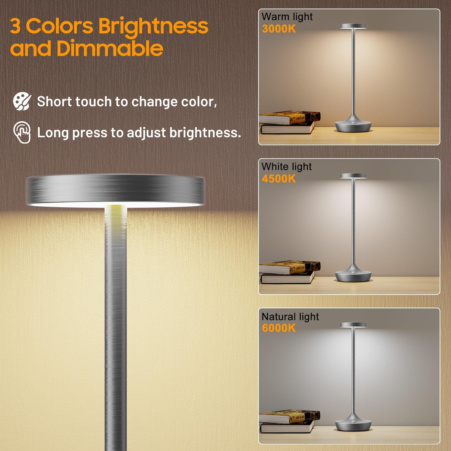 Rynx | Sikevht Wireless Table Lamps, 2-Pack LED, 3-Color Dimming, Portable and Waterproof, Gray