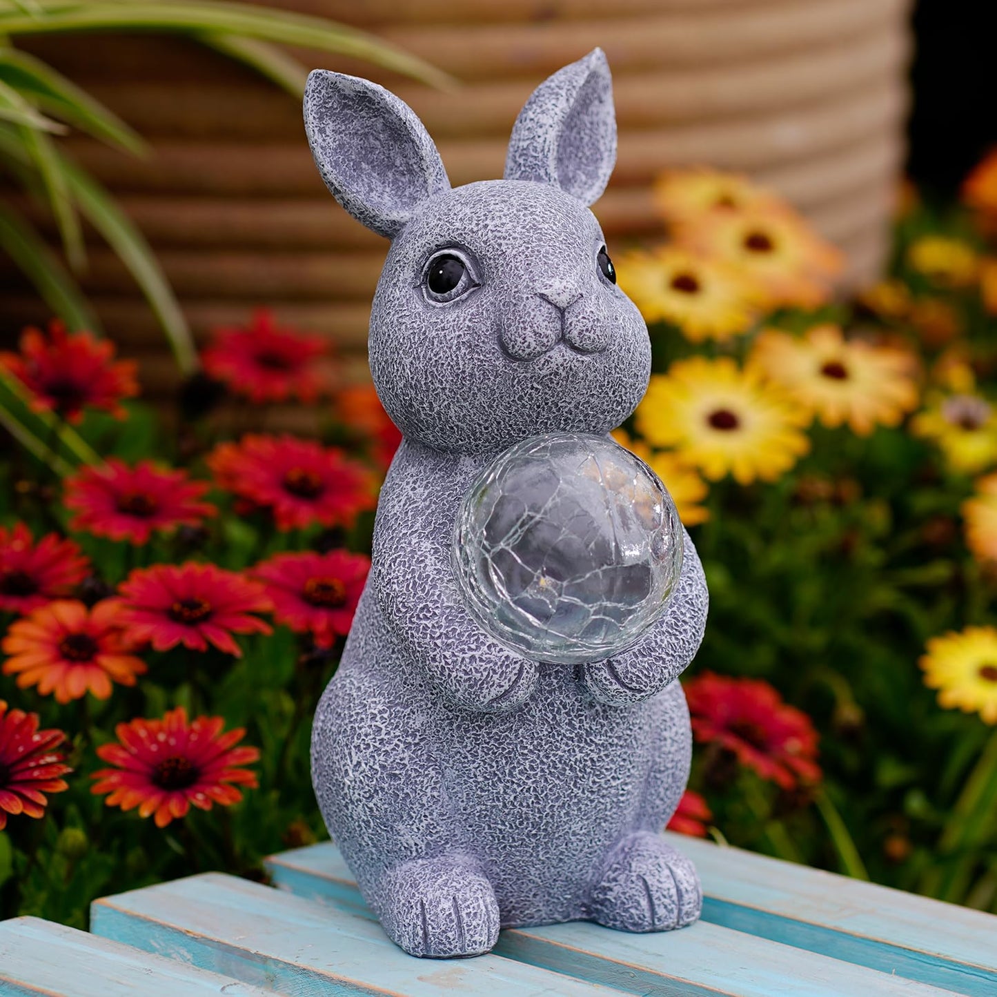 Rynx | Tiejiajiang Gray Rabbit Sun Garden Statue With Stirring Ball - Outdoor Decor For Patio & Garden