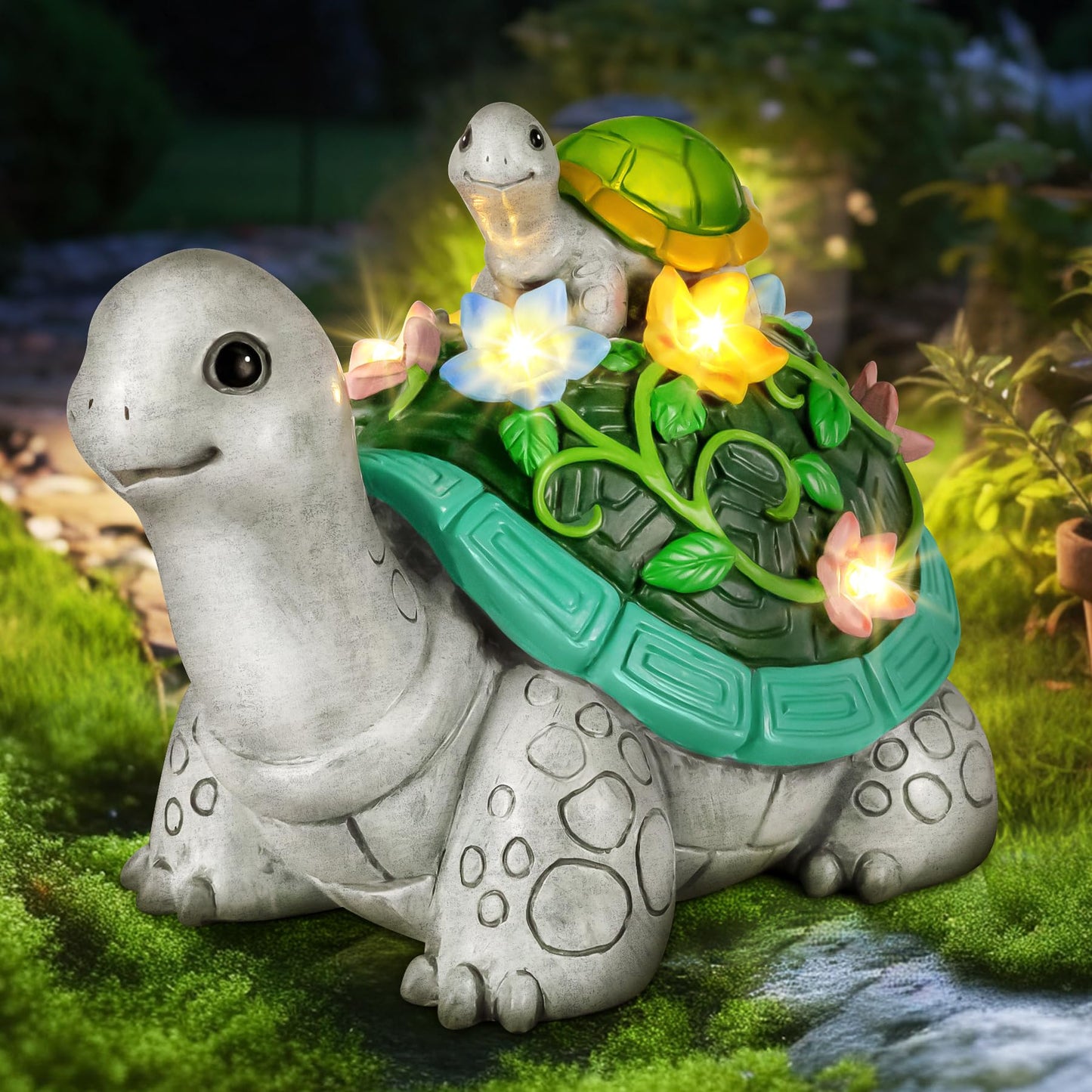 Rynx | Reading Turtle Solar Statue Garden Decoration With 7 Led Lights - Cute Resin Figures For Garden