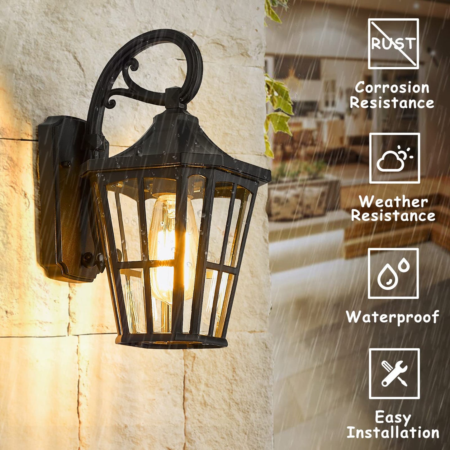 Rynx | Emliviar 2 Pack Modern Outdoor Wall Lamps, 12" Black Aluminium Fixtures With Clear Glass Shade