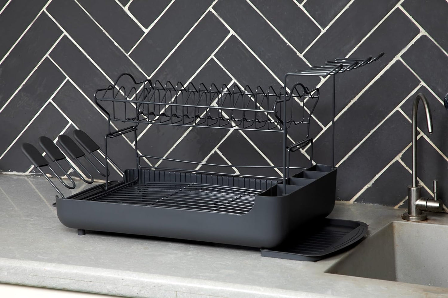 Rynx | 2-tier dish rack with removable drip tray – Large capacity workspace organizer