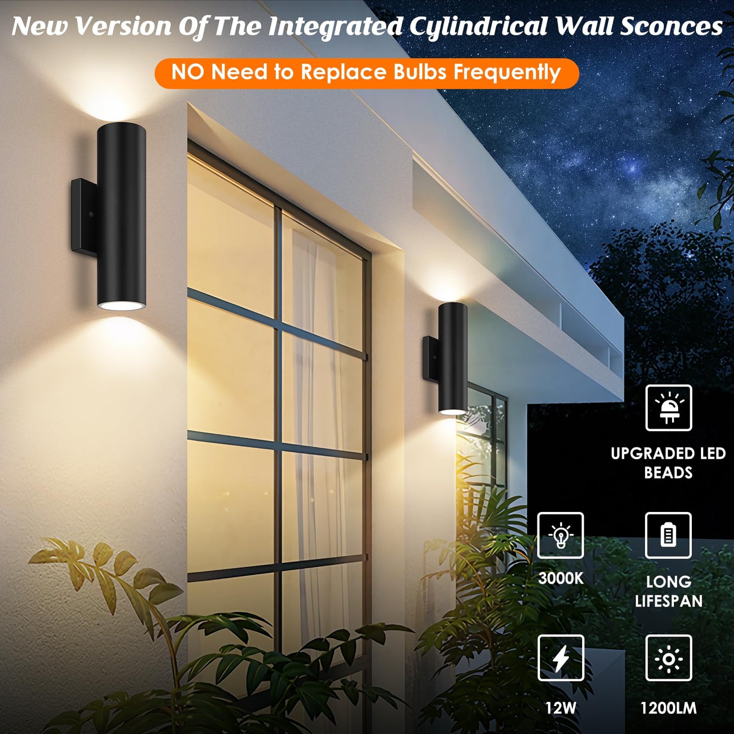 Rynx | Gobright Outdoor Wall Lamps 12W 3000K Led Cylinder Wall Lamp, 1200Lm Waterproof, 2-Pack Black