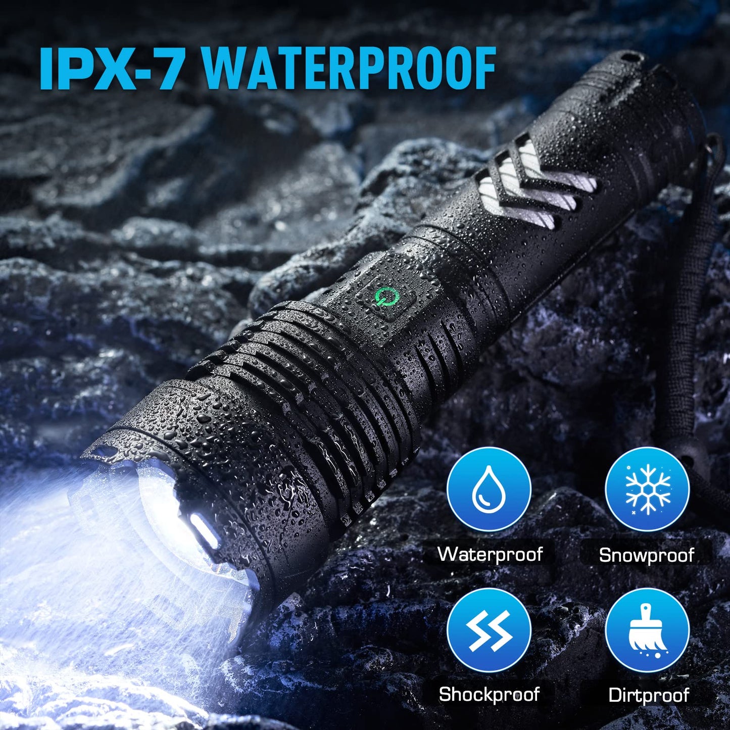 Rynx | Sinvimes 990000Lm Rechargeable Tactical Flashlight, Zoomable, 6 Modes, IPX7 Waterproof, Black