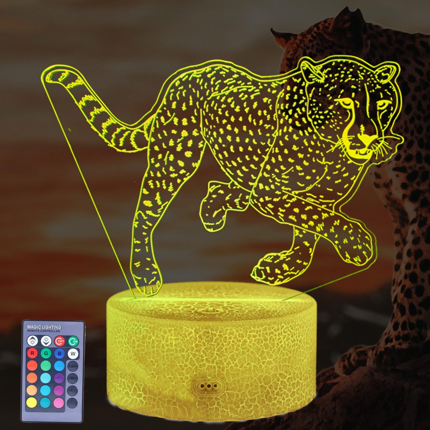Rynx | Posshe Cheetah Night Light, 3D Illusion Lamp With 16 Color Changing Modes, Remote Control Timer And Dimmable, Kids Boys Girls Sleep