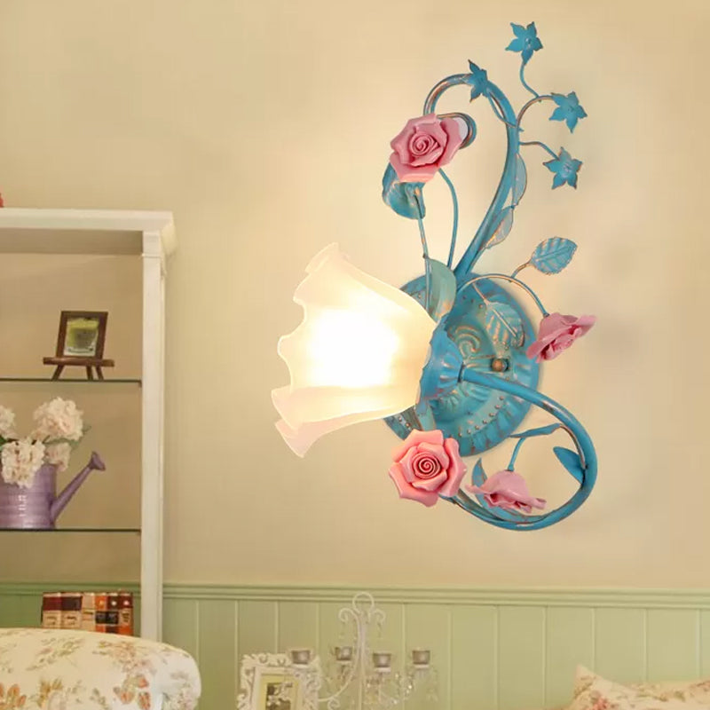 Rynx | One-Sided Opal Matte Glass Wall Lamp Pastoral Blue-Pink/Blue-White Scroll Flower Corner Wall Lamp, Left/Right