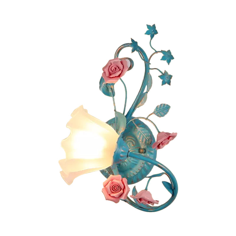 Rynx | One-Sided Opal Matte Glass Wall Lamp Pastoral Blue-Pink/Blue-White Scroll Flower Corner Wall Lamp, Left/Right