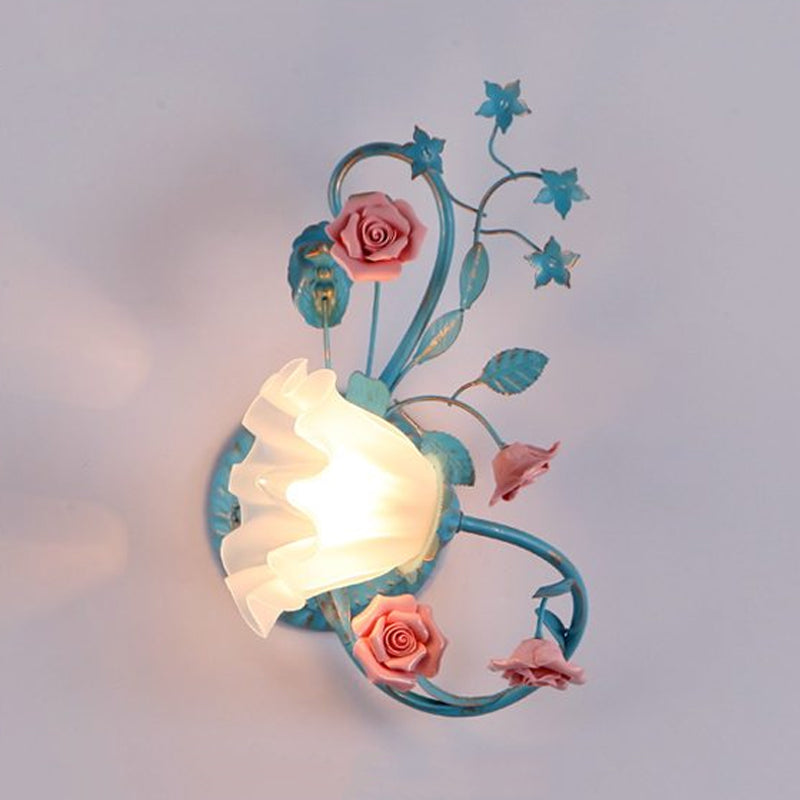 Rynx | One-Sided Opal Matte Glass Wall Lamp Pastoral Blue-Pink/Blue-White Scroll Flower Corner Wall Lamp, Left/Right