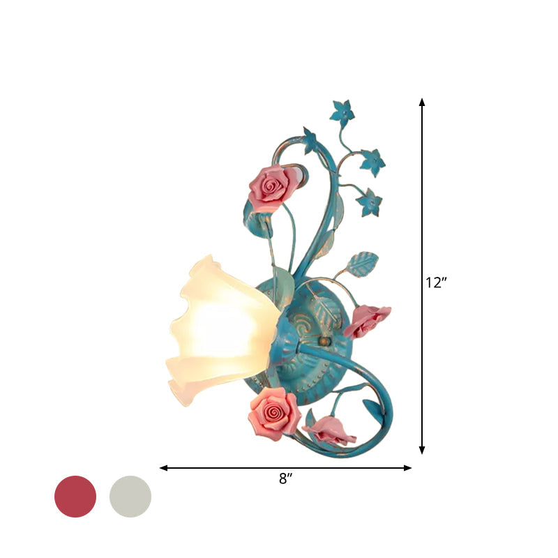 Rynx | One-Sided Opal Matte Glass Wall Lamp Pastoral Blue-Pink/Blue-White Scroll Flower Corner Wall Lamp, Left/Right