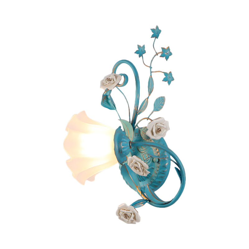 Rynx | One-Sided Opal Matte Glass Wall Lamp Pastoral Blue-Pink/Blue-White Scroll Flower Corner Wall Lamp, Left/Right