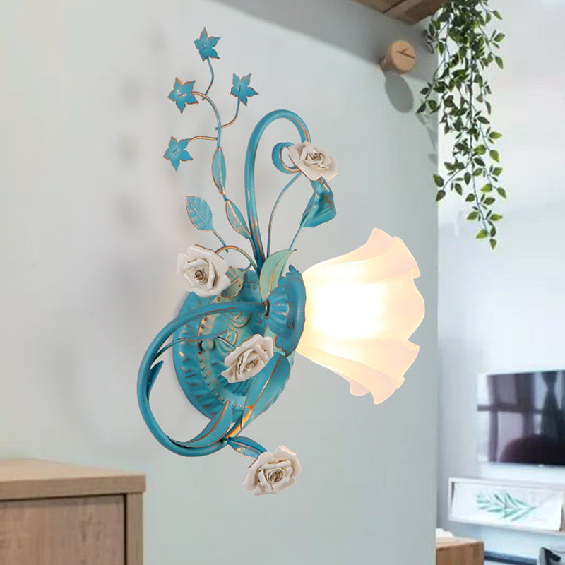 Rynx | One-Sided Opal Matte Glass Wall Lamp Pastoral Blue-Pink/Blue-White Scroll Flower Corner Wall Lamp, Left/Right
