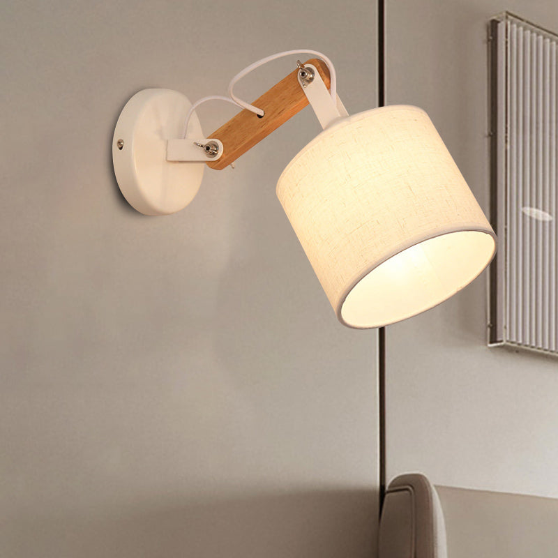 Rynx | Fabric Cylinder Wall Mount Lighting Modernist 1 Bulb White Wall Lamp with Adjustable Wooden Arm