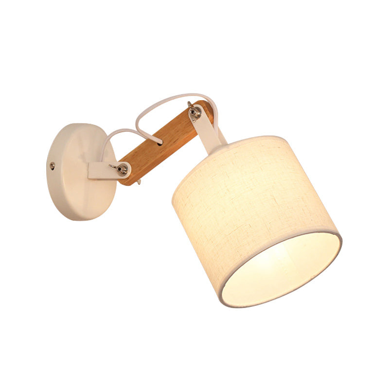 Rynx | Fabric Cylinder Wall Mount Lighting Modernist 1 Bulb White Wall Lamp with Adjustable Wooden Arm