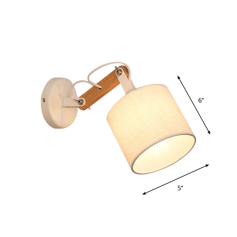 Rynx | Fabric Cylinder Wall Mount Lighting Modernist 1 Bulb White Wall Lamp with Adjustable Wooden Arm