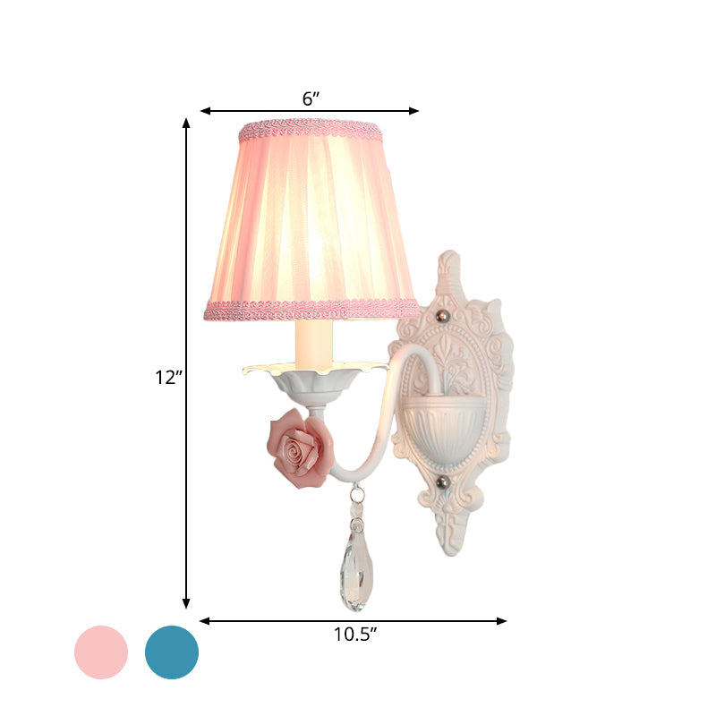 Rynx | 1/2-Head Pleated Fabric Wall Lighting Pastoral Pink/Blue Braided Edge Bed Lamp with Rose Decoration