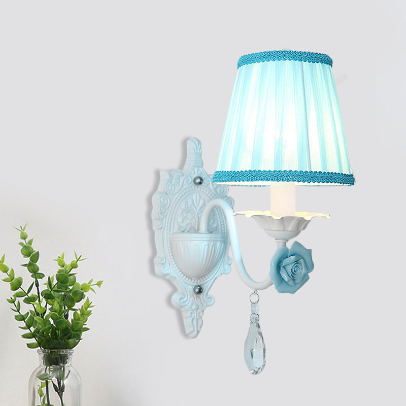 Rynx | 1/2-Head Pleated Fabric Wall Lighting Pastoral Pink/Blue Braided Edge Bed Lamp with Rose Decoration