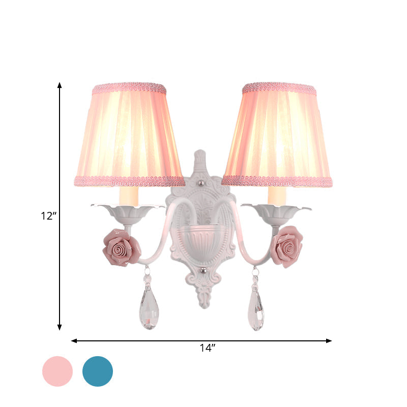 Rynx | 1/2-Head Pleated Fabric Wall Lighting Pastoral Pink/Blue Braided Edge Bed Lamp with Rose Decoration