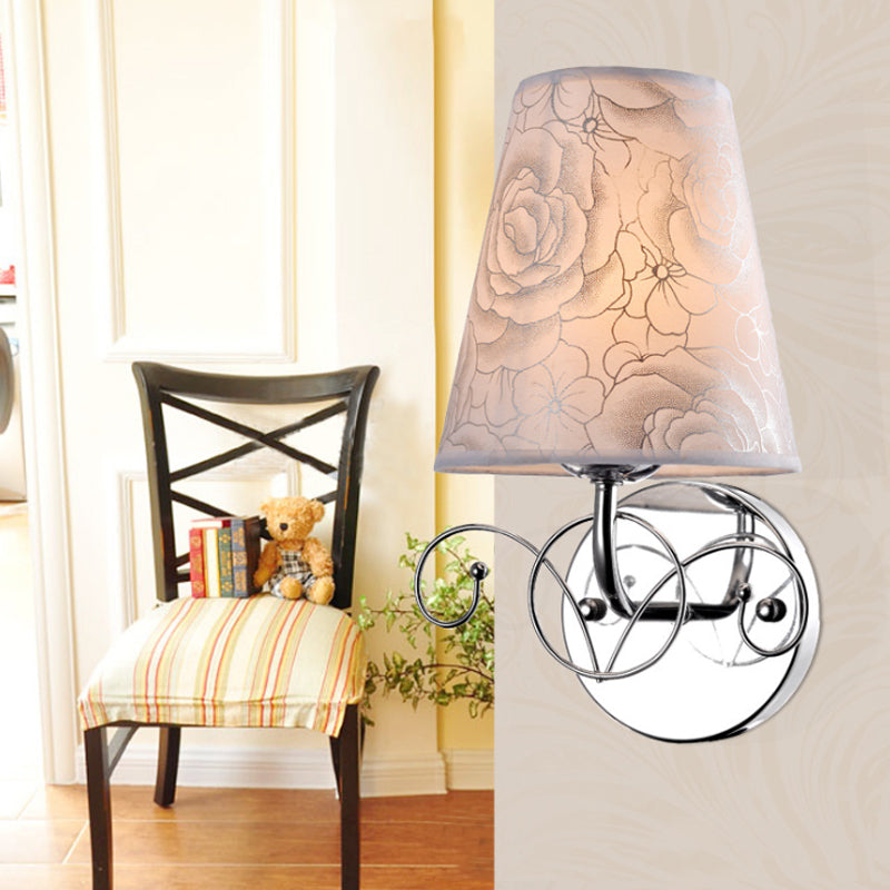 Rynx | Pink Printed Fabric White Wall Lamp Cone Shade 1-Light Rustic Sconces Lighting for Parlor