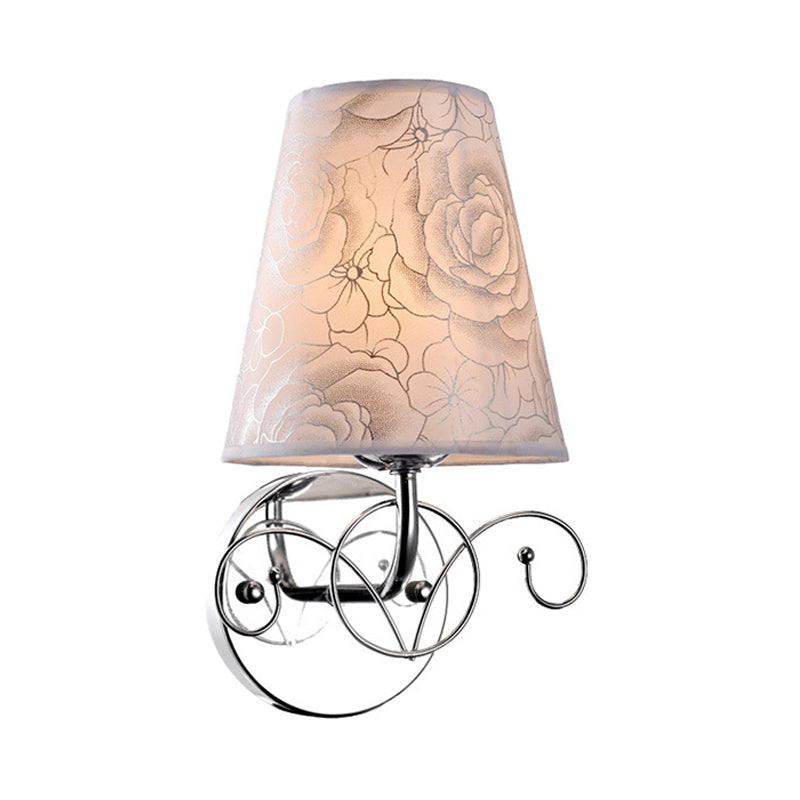 Rynx | Pink Printed Fabric White Wall Lamp Cone Shade 1-Light Rustic Sconces Lighting for Parlor