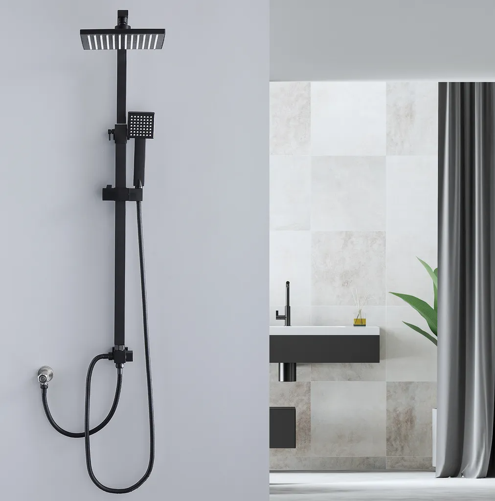 Rynx | Shower system Black Rain shower Shower set without faucet with overhead shower Hand shower Shower column Shower system with diverter angular Shower column for bathroom, black