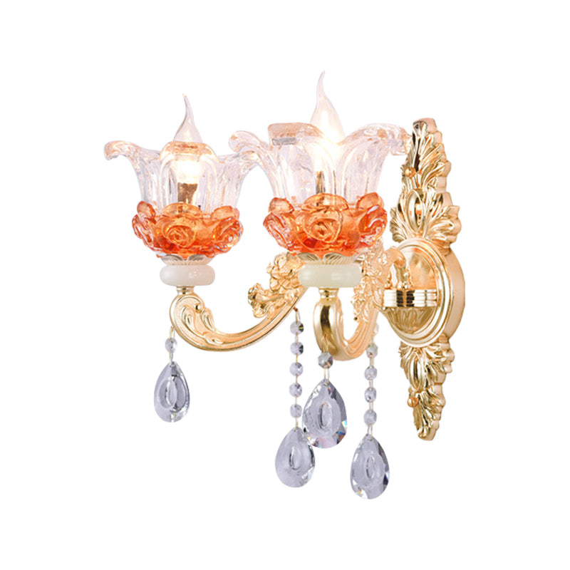 Rynx | Classic Candle Holder Wall Lamp 2 Lights Crystal Wall Light with Carved Arm and Backplate in Pink/Yellow/Orange