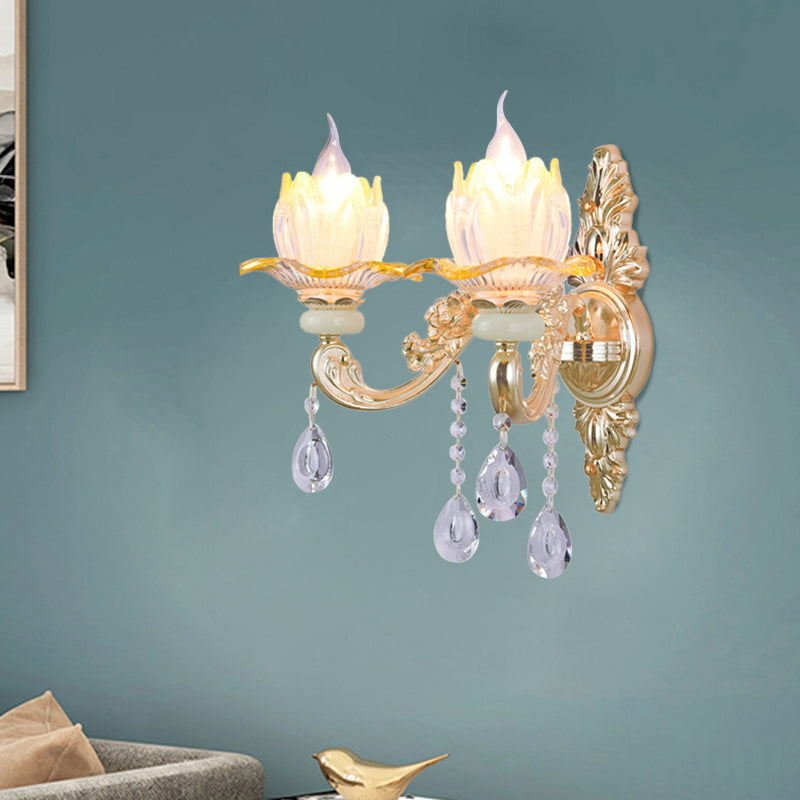 Rynx | Classic Candle Holder Wall Lamp 2 Lights Crystal Wall Light with Carved Arm and Backplate in Pink/Yellow/Orange