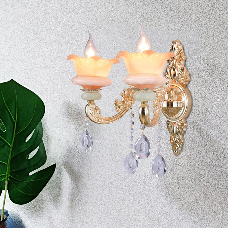 Rynx | Classic Candle Holder Wall Lamp 2 Lights Crystal Wall Light with Carved Arm and Backplate in Pink/Yellow/Orange