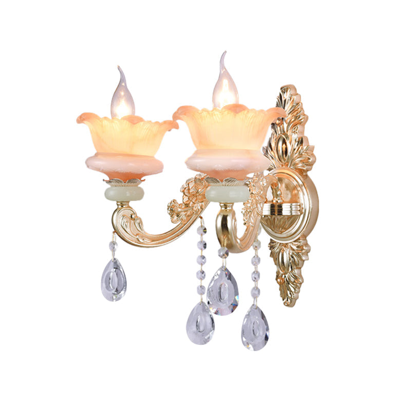 Rynx | Classic Candle Holder Wall Lamp 2 Lights Crystal Wall Light with Carved Arm and Backplate in Pink/Yellow/Orange