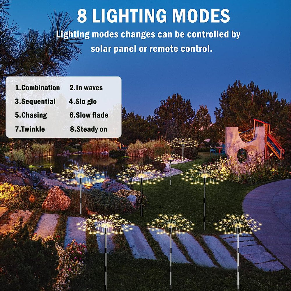 Rynx | Outdoor sunlight, Solar firework lights, 4 pack solar garden lights with 120 LED hedge star lights 8 modes patio fairy lights for pathway lawn backyard decoration (Warm white)