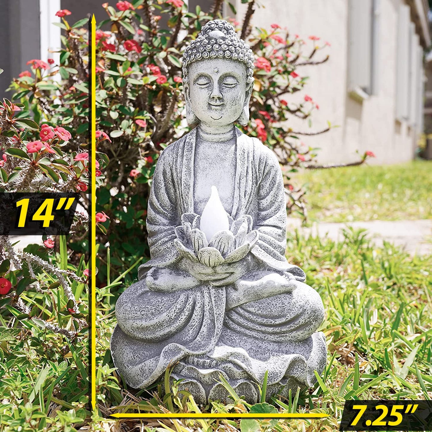 Rynx | Vp Home Buddha Statue - Solar-powered LED garden lighting, Zen meditation decor, 14"H resin
