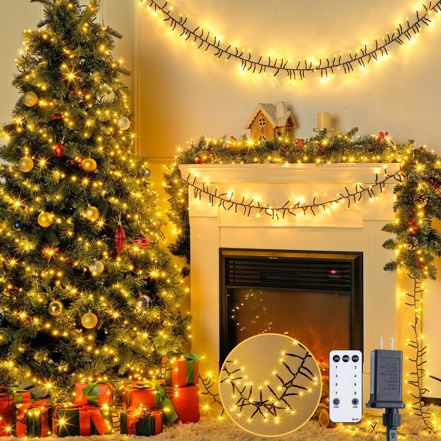 Rynx | Jmexsuss 1000 LED Cluster Light Green Wire Plug In, 55Ft Twinkling Lights Outdoor with Remote Control, 8 Modes Cluster Light for Christmas Tree Garland Wreath Door Decoration, Warm White