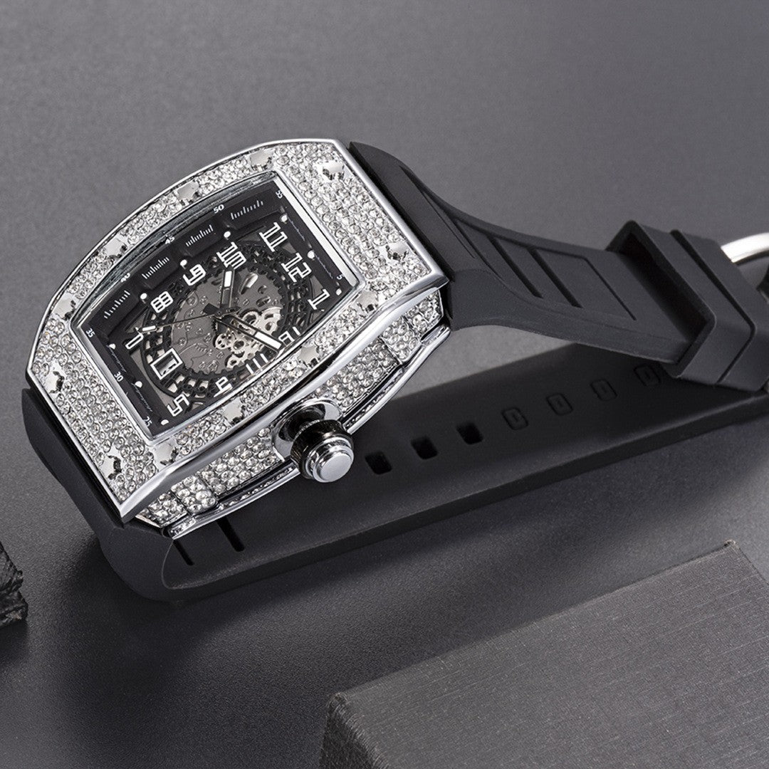 Rynx | Full Diamond Tonneau Silicone Strap Quartz Men's Watch