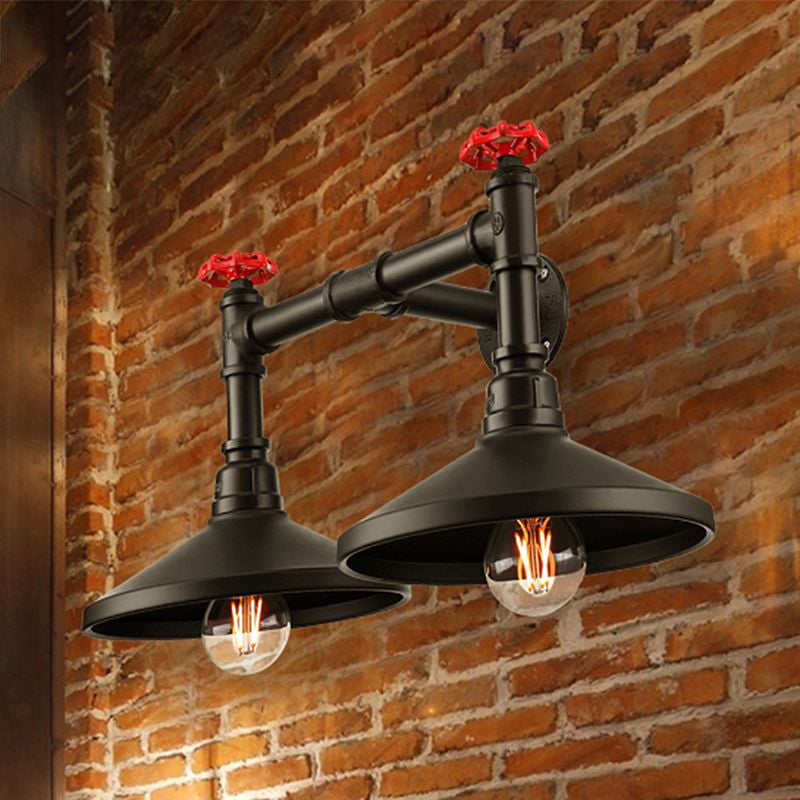 Rynx | Industrial Cone Wall Lamp with Raw Valve 2 Heads Metal Wall Light in Black for Hallway