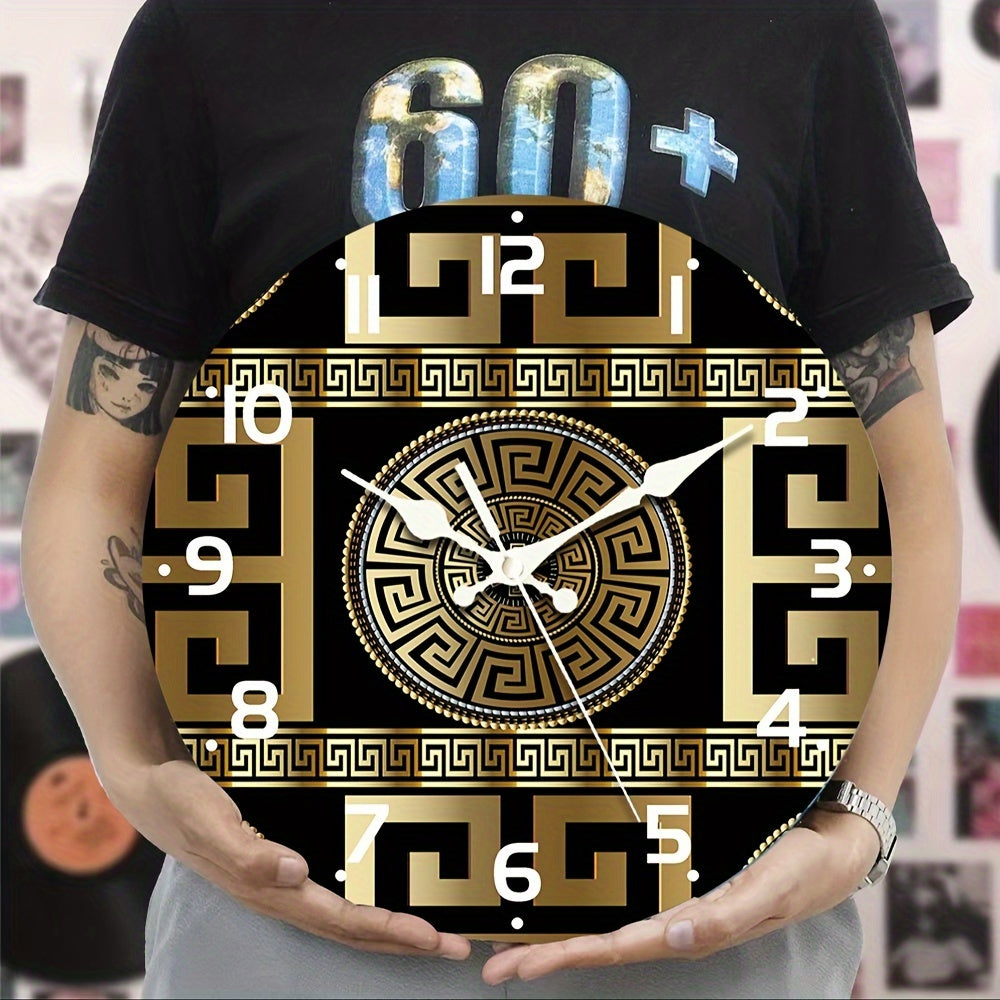 Rynx | Silent Non-Ticking Wooden Wall Clock - Greek Key Design, Quartz Mechanism