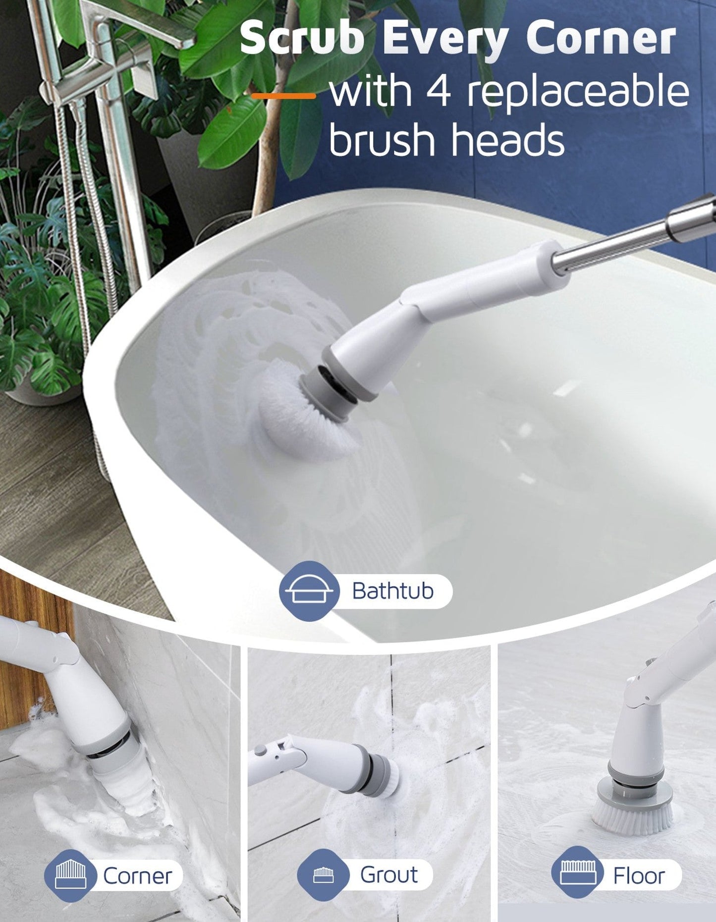 Rynx | telescopic electric rotating scrubber wireless 25-47in & 4 brush heads