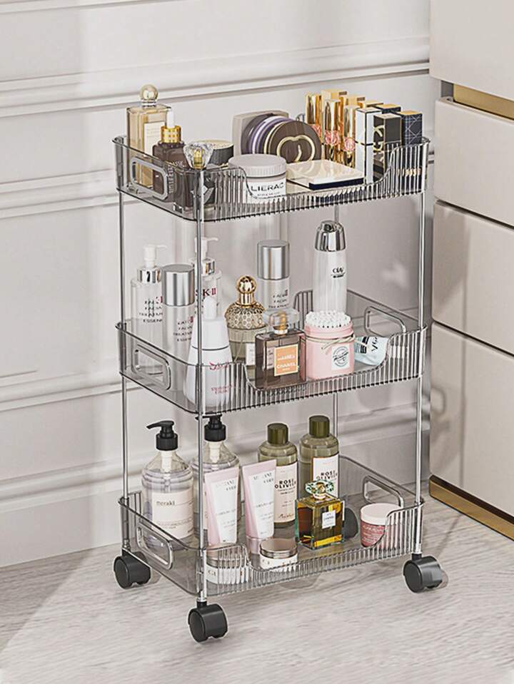 Rynx | Transparent rolling cart with handle, multifunctional plastic cart, multilayer bathroom storage space, bathroom shelves with wheels, cosmetic cart.
