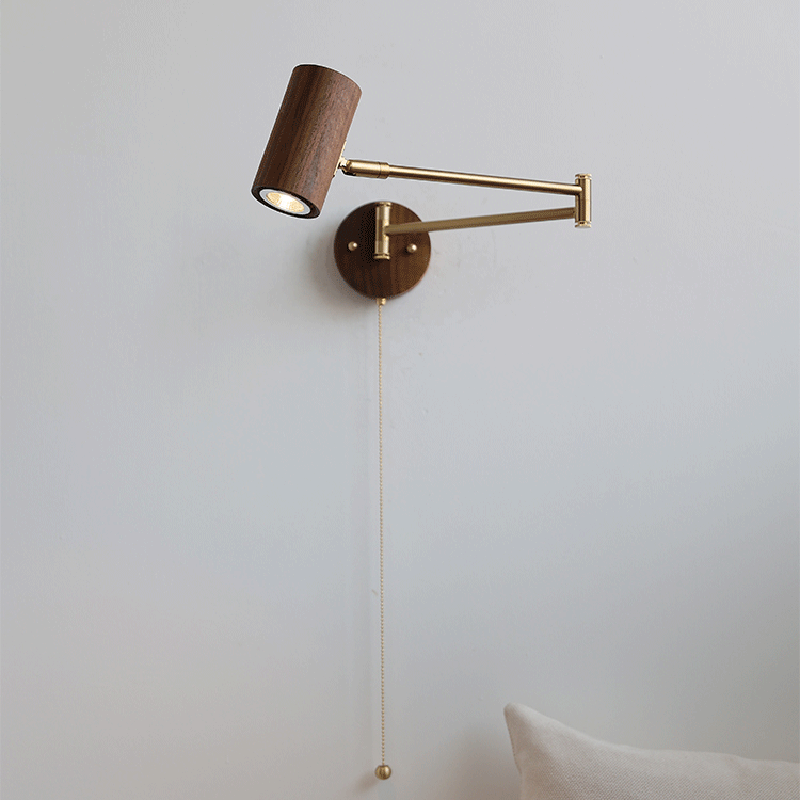 Rynx | Traditional Japanese Cylinder Swing Arm Adjustable Round Wood Iron 1-Light Wall Sconce Lamp for Bedroom