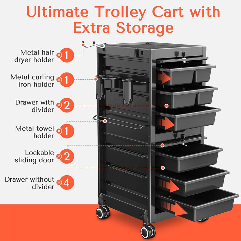 Rynx | Beauty Hairdressing Cart Beauty Salon Cart with 6 Drawers and Tool Holders Rolling Cart with Wheels Lock and Door