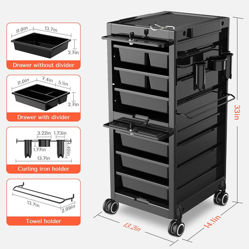 Rynx | Beauty Hairdressing Cart Beauty Salon Cart with 6 Drawers and Tool Holders Rolling Cart with Wheels Lock and Door