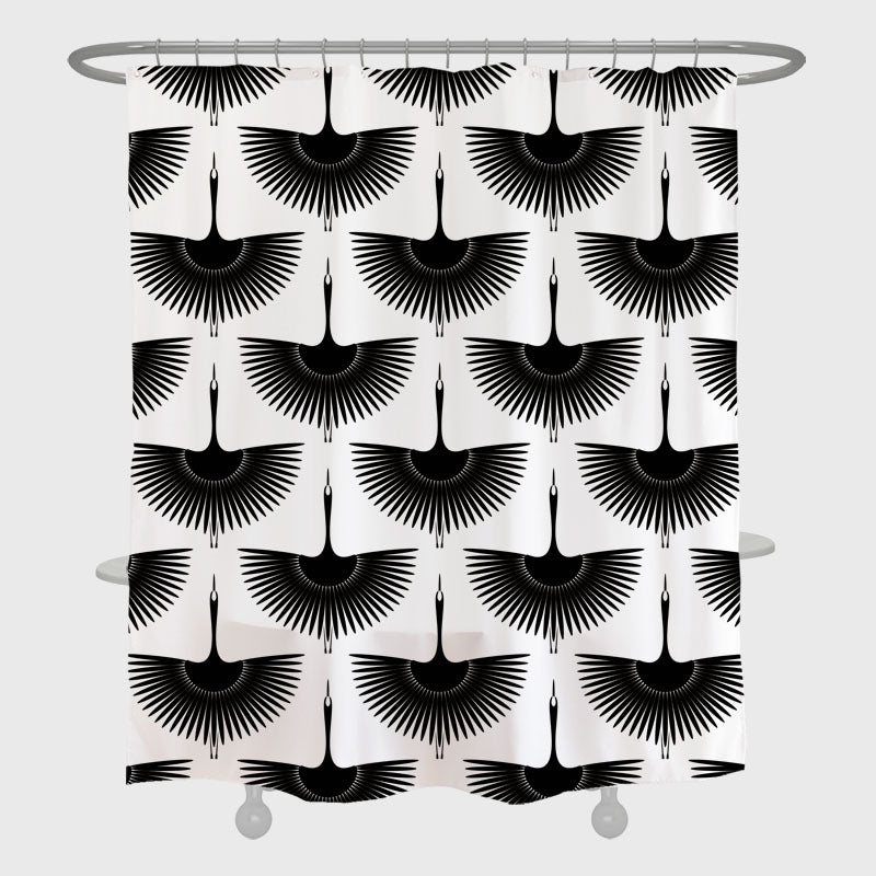 Rynx | Black and White Crane Shower Curtain with Hooks, Bathroom Curtains with Ring, Unique Bathroom Decoration, Boho Shower Curtain, Customizable Bathroom Curtains, Extra Long Shower Curtain
