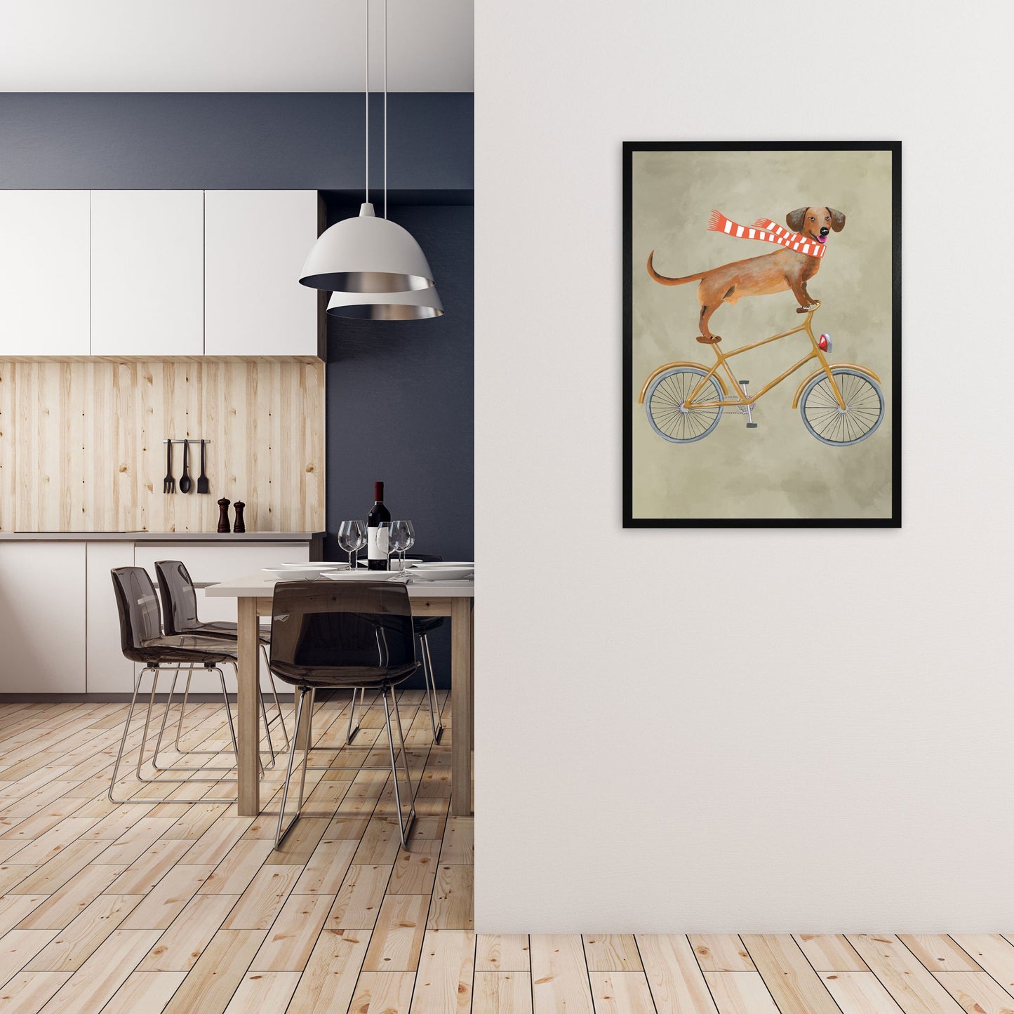 Rynx | Dachshund On Bicycle In Winter Art Print by Coco Deparis